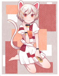 Rule 34 | 1girl, animal ears, bell, black neckwear, cat ears, cat tail, goutokuji mike, hair between eyes, hand up, highres, looking at viewer, multicolored background, multicolored clothes, multicolored shirt, multicolored skirt, neck bell, orange eyes, seiza, shirt, short hair, sitting, skirt, solo, t-shirt, tail, toraneko 2, touhou, unconnected marketeers, white hair, white shirt, white skirt