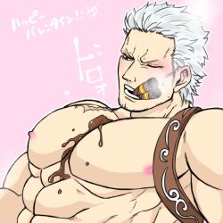 Rule 34 | 1boy, bara, blush, chocolate, chocolate on body, chocolate on pectorals, cigar, facial hair, food on body, highres, large pectorals, male focus, mature male, medium sideburns, melting, muscular, muscular male, one eye closed, one piece, pectoral focus, pectorals, pink background, scar, scar on chest, short hair, sideburns stubble, smoker (one piece), solo, sparse stubble, stubble, translation request, tsurime, upper body, valentine, white hair, wol 1014