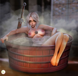 Rule 34 | 1girl, absurdres, artist name, barefoot, breasts, ciri, didi esmeralda, feet, green eyes, highres, jewelry, legs, looking at viewer, necklace, nipples, parted lips, partially submerged, short hair, solo, steam, sword, the witcher (series), the witcher 3, toes, weapon, white hair