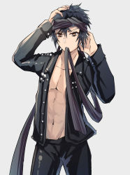 Rule 34 | 1boy, absurdres, annabell (durch9sicht5), ayashimon, black hair, black headband, black pants, brown eyes, headband, highres, jacket, kotton (ayashimon), leather, leather jacket, long sleeves, male focus, mouth hold, navel, pants, short hair, simple background, white background