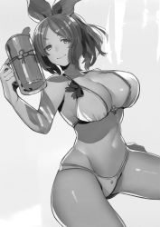 Rule 34 | 1girl, aquaplus, bare arms, bare legs, bare shoulders, bikini, breasts, cleavage, cleavage cutout, closed mouth, clothing cutout, cowboy shot, cup, curvy, greyscale, highres, holding, holding cup, holding mug, huge breasts, large breasts, looking at viewer, mahomi, medium hair, midriff, monochrome, mug, ponytail, rg hki, shiny skin, sidelocks, smile, solo, swimsuit, thick thighs, thighs, utawarerumono, utawarerumono: lost flag