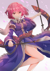 Rule 34 | 1girl, arm garter, black neckwear, black ribbon, blue kimono, breasts, center frills, commentary request, dual wielding, feet out of frame, floral print, frilled kimono, frills, gradient background, grey background, unworn headwear, highres, holding, holding polearm, holding weapon, japanese clothes, kimono, large breasts, long sleeves, looking at viewer, naginata, obi, ooru (t20nozomu), petals, pink eyes, pink hair, polearm, ribbon, saigyouji yuyuko, sash, serious, short hair, side slit, smile, solo, thighs, touhou, v-shaped eyebrows, weapon, wide sleeves