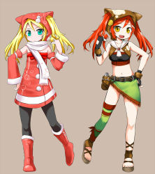 Rule 34 | 2girls, :d, belt, black pantyhose, blonde hair, blush, boots, detached sleeves, dress, fang, fingerless gloves, gloves, green eyes, twirling hair, hand on own hip, hat, hat with ears, highres, legs, midriff, multiple girls, navel, open mouth, orange hair, original, pantyhose, sandals, scarf, single thighhigh, smile, strapless, symmetry, thighhighs, tube top, twintails, yellow eyes, zaxwu