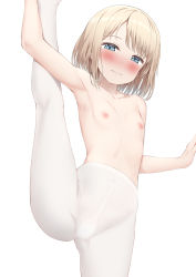 Rule 34 | 1girl, absurdres, armpits, bare shoulders, blonde hair, blue eyes, blush, closed mouth, cowboy shot, flat chest, flexible, gluteal fold, highres, holding, leg lift, leg up, looking at viewer, navel, nedia (nedia region), nipples, nose blush, original, paid reward available, pantyhose, pussy, see-through, short hair, simple background, smile, solo, split, standing, standing on one leg, standing split, topless, white background, white pantyhose