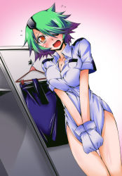 Rule 34 | 1girl, bottomless, breasts, breasts squeezed together, cleavage, clothes pull, gloves, green hair, hair ornament, hair over one eye, impossible clothes, impossible shirt, kaname-y, large breasts, necktie, open mouth, orange eyes, otonashi kiruko, ringed eyes, shinmai fukei kiruko-san, shirt, shirt pull, short hair, simple background, skirt, solo, undressing, uniform, white background