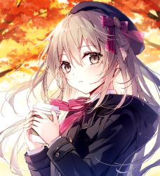 Rule 34 | 1girl, autumn, autumn leaves, beret, black hat, black jacket, blush, bow, branch, brown eyes, brown hair, coffee cup, commentary request, cup, disposable cup, hair between eyes, hat, highres, holding, holding cup, hood, hood down, hooded jacket, jacket, long hair, long sleeves, looking at viewer, mochizuki shiina, original, parted lips, red bow, solo, striped, striped bow, upper body
