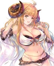 Rule 34 | 1girl, anila (granblue fantasy), anila (summer) (granblue fantasy), bare shoulders, bikini, blonde hair, blunt bangs, blush, breasts, cleavage, collarbone, commentary request, draph, granblue fantasy, horns, large breasts, long hair, looking at viewer, midriff, min-naraken, navel, open mouth, simple background, solo, stomach, swimsuit, teeth, upper body, white background
