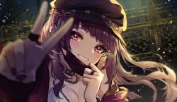 Rule 34 | 1girl, barbed wire, blurry, breasts, cleavage, commentary request, depth of field, diagonal bangs, fence, grin, hat, highres, idolmaster, idolmaster shiny colors, jacket, mask, mask pull, mouth mask, off shoulder, purple eyes, purple hair, shino sto, smile, solo, tanaka mamimi, v