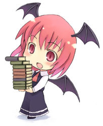 Rule 34 | 1girl, :o, bat wings, blush, book, book stack, carrying, chibi, chibi only, embodiment of scarlet devil, female focus, head wings, holding, holding book, kito (sorahate), koakuma, red eyes, red hair, solo, touhou, wings
