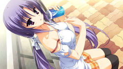 Rule 34 | 1girl, breasts, can, drink can, game cg, highres, itsukishishihime no mikoto, kobuichi, long hair, muririn, official art, plaid, plaid skirt, purple eyes, purple hair, skirt, soda can, solo, tenshinranman, thighhighs, twintails