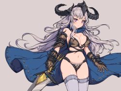 Rule 34 | 1girl, armor, bara (totocos), bare shoulders, bikini armor, blue cape, blush, breasts, brown gloves, cape, cleavage, closed mouth, fake horns, gloves, grey background, grey hair, grey thighhighs, helmet, highres, holding, holding sword, holding weapon, horned headwear, horns, knight, long hair, navel, original, purple eyes, shiny skin, simple background, solo, sword, thighhighs, vambraces, weapon