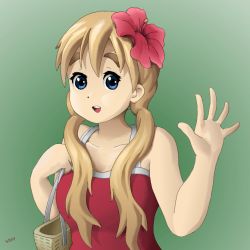 Rule 34 | 00s, 1girl, 2019, alternate hairstyle, bad anatomy, bad id, bad pixiv id, blonde hair, dated, dress, eyebrows hidden by hair, flower, hair flower, hair ornament, k-on!, kotobuki tsumugi, looking at viewer, official style, self-upload, smile, solo, thick eyebrows, twintails, upper body