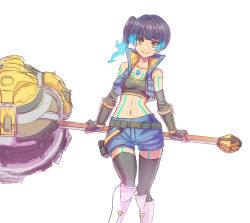 Rule 34 | 1girl, absurdres, blue hair, brown eyes, chest jewel, fiery hair, gari, glowing lines, hammer, highres, holding, holding hammer, holding weapon, leggings, sena (xenoblade), simple background, solo, sports bra, weapon, white background, xenoblade chronicles (series), xenoblade chronicles 3