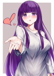 Rule 34 | 1girl, alternate costume, arm at side, blowing kiss, blunt bangs, blunt ends, blush, border, breasts, bright pupils, collarbone, colored eyelashes, commentary request, eyelashes, fern (sousou no frieren), fingernails, foreshortening, grey background, heart, highres, irohara, large breasts, long hair, long sleeves, looking at viewer, open mouth, purple eyes, purple hair, reaching, reaching towards viewer, shirt, sidelocks, simple background, smile, solo, sousou no frieren, standing, straight hair, upper body, very long hair, white border, white shirt