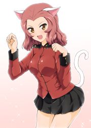 Rule 34 | 10s, 1girl, animal ears, brown eyes, cat ears, cat tail, diesel-turbo, fang, girls und panzer, military, military uniform, paw pose, red hair, rosehip (girls und panzer), short hair, solo, tail, uniform