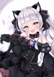 Rule 34 | 1girl, :d, animal ear fluff, animal ears, bare shoulders, black dress, black sleeves, blunt bangs, blush, bow, bowtie, brooch, cat ears, cat girl, cat tail, center frills, choker, cocozasa, commentary, cowboy shot, criss-cross halter, detached sleeves, dress, dress bow, dutch angle, fang, fangs, flat chest, frilled choker, frilled dress, frilled ribbon, frills, gothic lolita, hair ribbon, halter dress, halterneck, highres, hololive, jewelry, juliet sleeves, layered dress, lolita fashion, long hair, long sleeves, looking at viewer, murasaki shion, murasaki shion (gothic lolita), open mouth, paw pose, pinstripe dress, pinstripe pattern, puffy sleeves, ribbon, short eyebrows, sidelocks, silver hair, sleeveless, sleeveless dress, smile, solo, star (symbol), striped, tail, tail bow, tail ornament, twintails, v-shaped eyebrows, virtual youtuber, wide sleeves, yellow eyes
