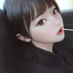 Rule 34 | 1girl, black hair, black shirt, brown eyes, candy, car interior, day, food, geo siador, lips, lollipop, looking at viewer, nose, original, parted lips, pink lips, shirt, short hair, signature, solo, sunlight, upper body