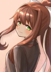 Rule 34 | 1girl, blazer, blush, bow, brown background, brown hair, brown jacket, closed mouth, commentary request, commission, doki doki literature club, from side, green eyes, hair bow, hair ribbon, highres, imasogari, jacket, long hair, looking at viewer, looking to the side, monika (doki doki literature club), ponytail, ribbon, school uniform, sidelocks, simple background, skeb commission, smile, solo, upper body, white bow, white ribbon