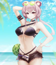 Rule 34 | 1girl, absurdres, aiv, animal ears, arknights, arm up, bare arms, bare shoulders, bikini, black bikini, black choker, black shorts, blue sky, breasts, choker, cloud, commentary, cowboy shot, day, eyewear on head, food, fruit, highres, large breasts, lin (arknights), long hair, looking at viewer, mouse ears, navel, official alternate costume, open fly, outdoors, pink hair, purple eyes, short shorts, shorts, single strap, sky, smile, solo, standing, stomach, sunglasses, swimsuit, water, watermelon