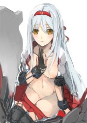 Rule 34 | 10s, 1girl, bad id, bad pixiv id, breasts, gloves, hairband, highres, kantai collection, looking at viewer, navel, nipples, no panties, pupps, shoukaku (kancolle), sitting, solo, thighs, white hair, yellow eyes