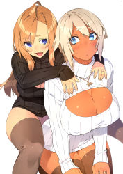 Rule 34 | 23 (real xxiii), 2girls, ahoge, blonde hair, blue eyes, blush, breasts, brown legwear, cleavage, cleavage cutout, clothing cutout, couple, covered erect nipples, cross, dark-skinned female, dark skin, female focus, highres, huge breasts, jewelry, large breasts, long hair, meme attire, multiple girls, open-chest sweater, open mouth, original, pendant, ribbed sweater, ring, sela (23), short hair, simple background, smile, sweat, sweater, thighhighs, turtleneck, ursula (23), wedding band, white background, wife and wife, yuri