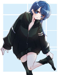 Rule 34 | 1girl, black jacket, black socks, blue eyes, blue hair, blush, check commentary, collarbone, commentary request, dark blue hair, embarrassed, flat chest, hair down, hickey, highres, jacket, kanduki kamibukuro, light blue background, light blush, link! like! love live!, long hair, long sleeves, looking at viewer, love live!, murano sayaka, naked jacket, over-kneehighs, parted lips, partially unzipped, removing sock, socks, solo, thighhighs, undressing