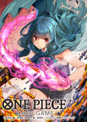 1girl attack aura black_shorts blue_cape blue_hair blunt_bangs cape closed_mouth commentary_request copyright_name ein_(one_piece) floating_clothes gun holding holding_weapon hood hooded_cape long_hair looking_to_the_side official_art one_piece one_piece_card_game one_piece_film:_z pebble pouch red_eyes scar scar_on_leg short_shorts shorts sleeveless solo thigh_pouch tsurugi_hagane weapon