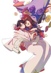 2boys absurdres axis_powers_hetalia black_hair black_pants blue_shirt blunt_ends brown_eyes brown_hair cape china_(hetalia) chinese_clothes closed_mouth commentary_request double_bun feet_out_of_frame flying green_eyes hair_bun highres holding holding_mask holding_scroll japan_(hetalia) japanese_clothes kimono long_sleeves looking_at_another mask multiple_boys open_mouth pants purple_cape red_footwear scroll shirt shoes short_hair simple_background smile tea_(candyfoxx) white_background white_kimono wide_sleeves yaoi