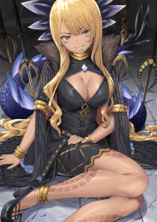 Rule 34 | 1girl, anklet, armlet, black dress, blonde hair, bracelet, breasts, brown eyes, cleavage cutout, clothing cutout, dark-skinned female, dark skin, dragon girl, dragon horns, dragon tail, dress, facial mark, fate/grand order, fate (series), green ribbon, grin, horns, jewelry, large breasts, long hair, long sleeves, looking at viewer, neck ribbon, neck ring, polearm, ribbon, smile, solo, spear, swept bangs, tail, tyone, veil, vritra (fate), weapon