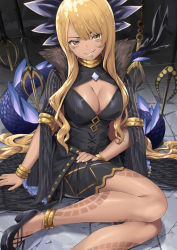 1girl anklet armlet black_dress blonde_hair bracelet breasts brown_eyes cleavage_cutout clothing_cutout dark-skinned_female dark_skin dragon_girl dragon_horns dragon_tail dress facial_mark fate/grand_order fate_(series) green_ribbon grin horns jewelry large_breasts long_hair long_sleeves looking_at_viewer neck_ribbon neck_ring polearm ribbon smile solo spear swept_bangs tail tyone veil vritra_(fate) weapon