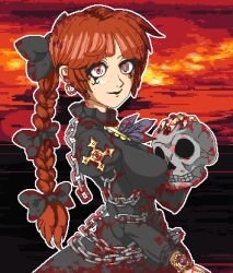 Rule 34 | 1girl, aksawshin, blood, blood on clothes, braid, braided ponytail, breasts, chain, commentary, dress, english commentary, eyebrows hidden by hair, freckles, from side, grey dress, hair ribbon, holding, holding skull, juliet sleeves, large breasts, long sleeves, multi-tied hair, original, outline, pixel art, puffy sleeves, red eyes, red hair, ribbon, skull, solo, tress ribbon, upper body, white outline