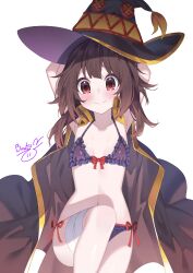 Rule 34 | 1girl, armpits, arms behind head, arms up, bandaged leg, bandages, binato lulu, black bra, black cape, black panties, blush, bow, bow bra, bra, breasts, breasts apart, cape, closed mouth, commission, dress, frilled bra, frills, hat, highres, kono subarashii sekai ni shukufuku wo!, leg up, long hair, looking at viewer, megumin, navel, panties, red dress, red eyes, side-tie panties, signature, simple background, small breasts, solo, underwear, white background, witch hat