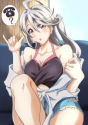 Rule 34 | 1girl, :o, ?, absurdres, ahoge, blush, breasts, cleavage, collarbone, couch, grey hair, gundam, gundam build metaverse, highres, kotatuman dash, large breasts, long hair, looking at viewer, one side up, phone, red eyes, short shorts, shorts, sitting, solo, speech bubble, torn clothes, torn shorts, urutsuki seria
