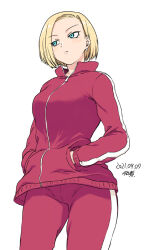 Rule 34 | 1girl, android 18, blonde hair, blue eyes, breasts, closed mouth, dated, dragon ball, dragon ball super, dragonball z, earrings, jacket, jewelry, medium breasts, pants, red pants, red track suit, short hair, signature, simple background, solo, track jacket, track pants, track suit, tsukudani (coke-buta), white background