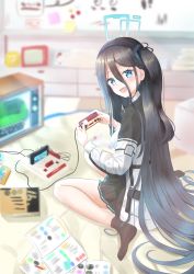 Rule 34 | 1girl, aomi one, aris (blue archive), blue archive, blue eyes, blue hair, blurry, blurry background, commentary request, dark blue hair, game console, halo, highres, jacket, long hair, no shoes, open mouth, playing games, school uniform, socks, solo, television, very long hair