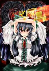 Rule 34 | 1girl, alternate weapon, arm cannon, arms up, bad id, bad pixiv id, black hair, black sun, blush, bow, female focus, hair bow, lips, long hair, r0g0b0, red eyes, reiuji utsuho, smile, solo, sun, touhou, weapon, wings