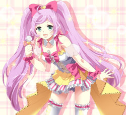 Rule 34 | 1girl, bare shoulders, bow, cowboy shot, green eyes, hair bow, heart, long hair, looking at viewer, manaka laala, microphone, mikecha, musical note, open mouth, plaid, plaid background, pretty series, pripara, purple hair, skirt, solo, thighhighs, twintails, white thighhighs