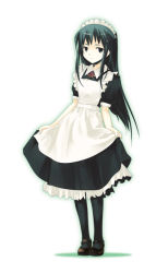 Rule 34 | 1girl, apron, black eyes, black hair, black pantyhose, bow, dasoku sentarou, full body, gradient background, long hair, maid, maid apron, maid headdress, mary janes, pantyhose, pinup (style), ribbon, shoes, simple background, solo, standing, white background