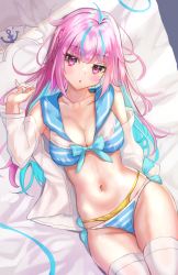 Rule 34 | 1girl, armpits, bare shoulders, bikini, blue bikini, breasts, cleavage, colored inner hair, front-tie bikini top, front-tie top, hand up, headdress, highres, hololive, layered bikini, long hair, long sleeves, looking at viewer, medium breasts, minato aqua, multicolored hair, navel, on bed, open clothes, open shirt, panipo, parted lips, pink eyes, pink hair, sailor bikini, sailor collar, see-through, shirt, side-tie bikini bottom, solo, stomach, streaked hair, string bikini, striped bikini, striped clothes, swimsuit, thighhighs, thighs, two-tone hair, virtual youtuber, white shirt, white thighhighs