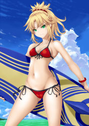 Rule 34 | 1girl, bikini, blonde hair, bracelet, breasts, cloud, cowboy shot, day, fate/apocrypha, fate/grand order, fate (series), front-tie top, green eyes, halterneck, highres, holding, holding behind back, jewelry, long hair, looking at viewer, marubonman, mordred (fate), mordred (fate/apocrypha), mordred (swimsuit rider) (first ascension) (fate), outdoors, ponytail, red bikini, side-tie bikini bottom, small breasts, smile, solo, standing, string bikini, surfboard, swimsuit
