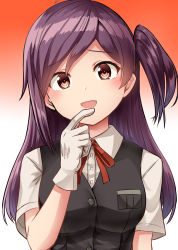 Rule 34 | 1girl, ahoge, asymmetrical hair, black vest, blouse, commentary request, gloves, gradient background, hagikaze (kancolle), highres, kamelie, kantai collection, long hair, neck ribbon, one side up, purple hair, red background, red ribbon, ribbon, shirt, solo, upper body, vest, white background, white gloves, white shirt, yellow eyes