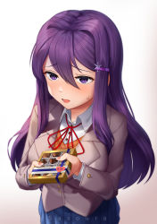 Rule 34 | 1girl, absurdres, artist name, blue skirt, blush, breasts, chocolate, commentary, doki doki literature club, english commentary, gradient background, grey background, grey jacket, hair between eyes, hair ornament, hairclip, highres, jacket, large breasts, long hair, neck ribbon, open mouth, purple eyes, purple hair, red ribbon, ribbon, sasoura, school uniform, shirt, simple background, skirt, snowflake hair ornament, solo, sweatdrop, white shirt, wing collar, yuri (doki doki literature club)