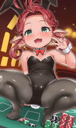 Rule 34 | 1girl, :3, :d, animal ears, aqua eyes, arm support, bare shoulders, black pantyhose, blush, bow, bowtie, collarbone, detached collar, earrings, fake animal ears, fangs, fif (granblue fantasy), granblue fantasy, harvin, highres, jewelry, leotard, looking at viewer, open mouth, pantyhose, playboy bunny, pointy ears, poker chip, rabbit ears, rabbit tail, red bow, red bowtie, red hair, smile, solo, squatting, star (symbol), star earrings, tail, w, youkan