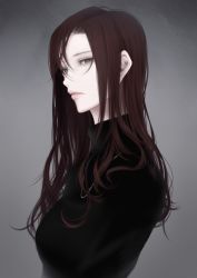 Rule 34 | 1girl, black eyes, black sweater, brown hair, erise, from side, grey background, highres, jewelry, lips, long hair, looking at viewer, necklace, original, profile, simple background, solo, sweater, turtleneck, turtleneck sweater, upper body