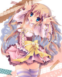 Rule 34 | 1girl, :d, amanatsu yuzuka, blue eyes, blush, bow, breasts, brown hair, cleavage, double v, dress, frilled dress, frills, hair ribbon, large bow, large breasts, long hair, looking at viewer, open mouth, original, ribbon, smile, solo, striped clothes, striped thighhighs, thighhighs, v, zettai ryouiki