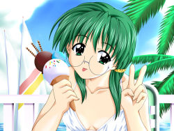 Rule 34 | 1girl, doushin, food, game cg, glasses, green hair, ice cream, komiya haruto, suruga miho, v