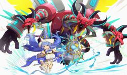Rule 34 | 1girl, blue eyes, blue hair, borrelend dragon, braid, detached sleeves, dragon, duel monster, elf, hat, highres, horns, hsin, long hair, multiple heads, open mouth, pointy ears, pointy hat, side braid, staff, thighhighs, water, water enchantress of the temple, white thighhighs, wizard hat, yu-gi-oh!, zettai ryouiki