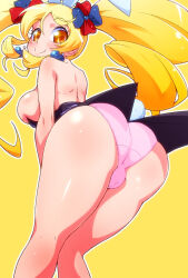 Rule 34 | 1girl, alternate form, animal ears, ass, back, bare shoulders, bent over, black shirt, blonde hair, breasts, closed mouth, clothes pull, coattails, commentary, crotch seam, cure honey, cure honey (popcorn cheer), drill hair, earrings, fake animal ears, fake tail, from behind, hair ribbon, happinesscharge precure!, heart, heart earrings, highres, jewelry, kneepits, large breasts, leaning forward, long hair, looking at viewer, looking back, magical girl, oomori yuuko, panties, pink panties, precure, rabbit ears, rabbit tail, ribbon, ryuuta (cure ryuuta), shirt, shirt pull, sidelocks, simple background, smile, solo, standing, tail, trefoil, twin drills, twintails, underwear, yellow background, yellow eyes