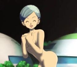 Rule 34 | 1girl, artist name, blue hair, breasts, bulma, collarbone, completely nude, covering privates, covering breasts, derivative work, dragon ball, dragon ball super, dragon ball super super hero, earrings, closed eyes, groin, jewelry, medium breasts, nude, open mouth, screencap, screenshot redraw, short hair, smile, solo, standing