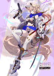 Rule 34 | 1girl, animal ears, blonde hair, blue eyes, blue skirt, boots, breasts, brown hair, closed mouth, clothing request, commentary, commentary request, english text, fox ears, fox girl, fox tail, gun, holding, holding weapon, long hair, looking away, original, sheath, skirt, sword, tail, tajima ryuushi, thigh boots, thighhighs, underboob, weapon, weapon request